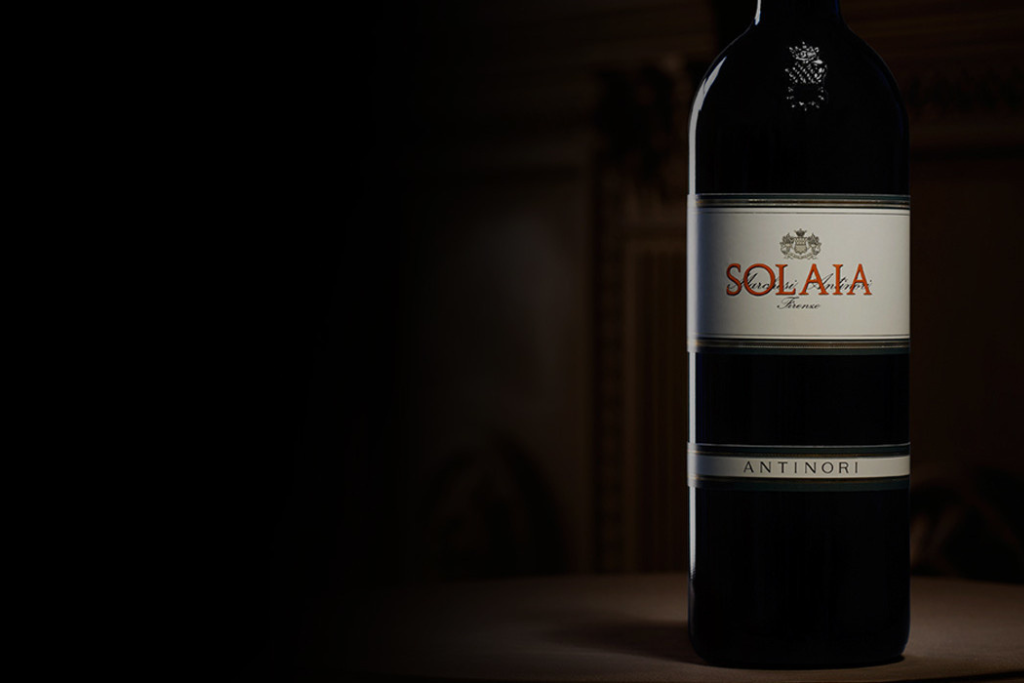 Close up bottle shot of Solaia against a dark background